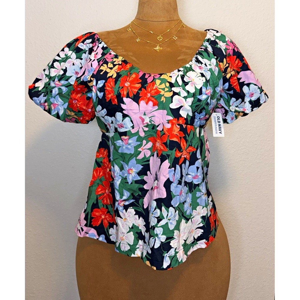 Old Navy Women's M Floral Smocked Square Neck Puff Sleeve Peplum Blouse